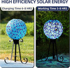 VOREEN Solar Gazing Ball, 10" Mosaic Glass Gazing Globe with Solar Light, Handmade Outdoor Yard Decor Sphere for Patio Lawn Garden, Gift for Mom Wife Friend, Peacock Feather Design (Blue)