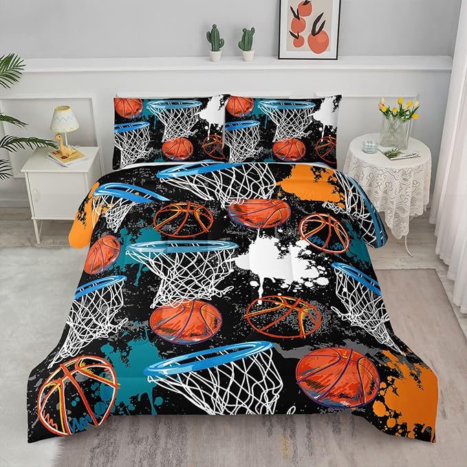Axolotl Basketball Comforter Set Full,Sports Comforter Set,Basketball Bedding Set,Sports Theme Comforter Set,Grunge Bedding Aesthetic Cool Style for Boys Kids Men,1 Quilt 2 Pillowcases,Black Blue