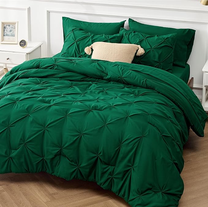 Bedsure Queen Comforter Set - Bed in a Bag Queen 7 Pieces, Pintuck Bedding Sets Dark Green Bed Set with Comforter, Sheets, Pillowcases & Shams