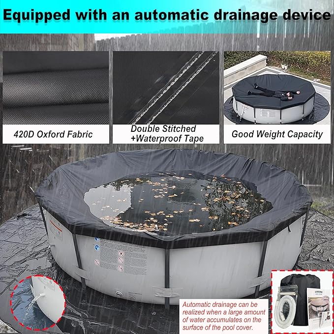 16 Ft Pool Cover, with Automatic Drain Round Pool Cover, One-Piece Quick Installation and Removal Above Ground Pool Cover, Preventing Waterlogging, UV Protected Solar Swimming Pool Cover