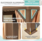 MELLCOM 14' x 24' Hardtop Gazebo,Galvanized Steel Metal Double Roof with Curtain and Netting,Brown Permanent Pavilion Gazebos with Aluminum Frame for Patios,Gardens,Lawns
