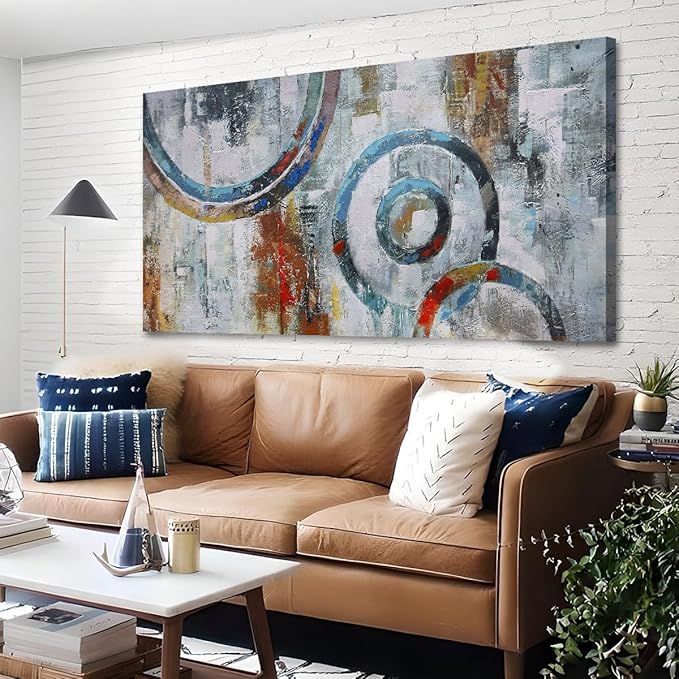 Arjun Abstract Wall Art Geometric Canvas Circle Block Painting Modern Grey Brown Picture Simple Textured Artwork Framed for Bedroom Living Room Home Office Wall Décor, Extra Large 58"x29"