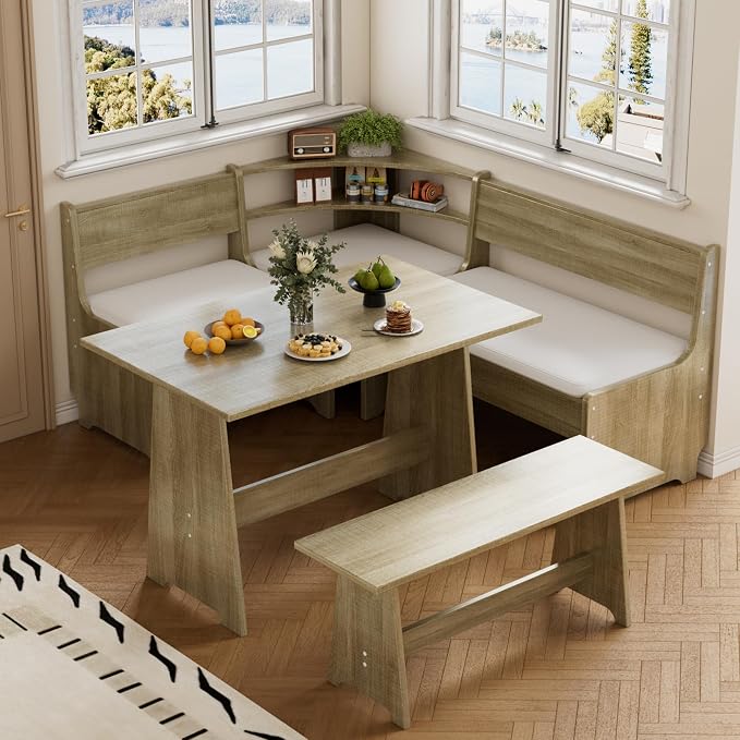 PAKASEPT Corner Breakfast Nook Table Set Kitchen Bench with Soft Cushion | Farmhouse Wood Dining Set,Reversible L-Shaped Corner Bench,Lift-Top Hidden Storage,Soft Padded Cushions,Space-Saving Design