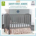 2-in-1 Portable Folding Stationary Side Crib in Storm Grey, Greenguard Gold Certified, Two Adjustable Mattress Height Positions,Made of Solid Pinewood, Flat Folding Crib