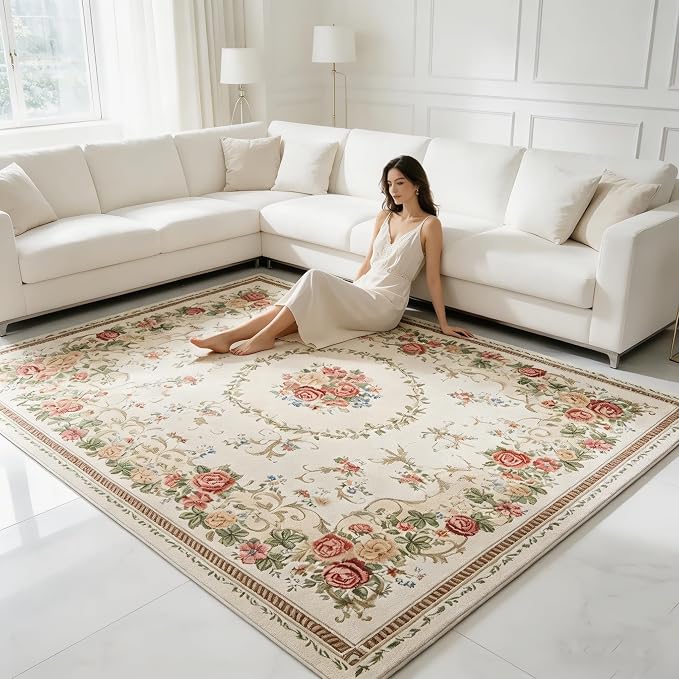 Vintage Rustic Shabby Rose Rugs Luxury Soft Elegant Traditional Rugs Floral Accent Carpet for Home Living Room/Bedroom, 6′6″ × 9′6″, Country Rose