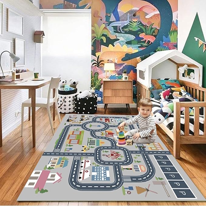 kid rug carpet playmat for toy cars and trains,road traffic kids play area rug,city Life town play Mat for Playroom Bedroom Boys,Children's Educational Fun Throw Rug with Rubber Backing 59X94IN