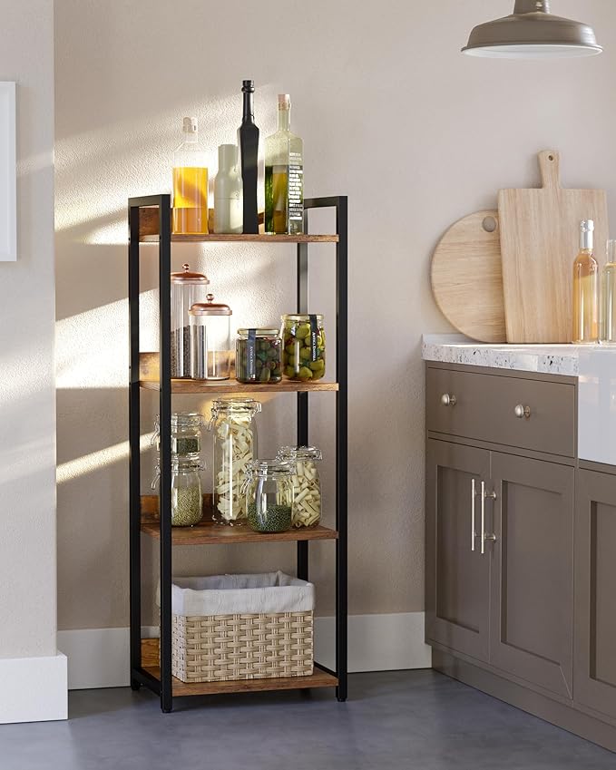 4-Tier Bookshelf, Narrow Bookcase with Open Shelves, Short Book Shelf Coner Shelf for Living Room, Bedroom, Home Office, Study, Bathroom,9.4 x 15.7 x 41.7 Inches, Rustic Brown and Black