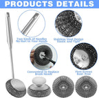 2Pcs Stainless Steel Wool Scrubber Sets, Dish Scrubber with Long Short Handle Stainless Steel Scrubber Cleaning Brush Metal Scrubber with Replacement, Steel Scrubber for Dishes Tableware Home Kitchen