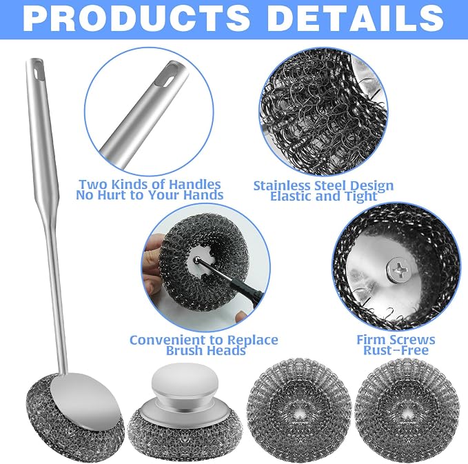 2Pcs Stainless Steel Wool Scrubber Sets, Dish Scrubber with Long Short Handle Stainless Steel Scrubber Cleaning Brush Metal Scrubber with Replacement, Steel Scrubber for Dishes Tableware Home Kitchen
