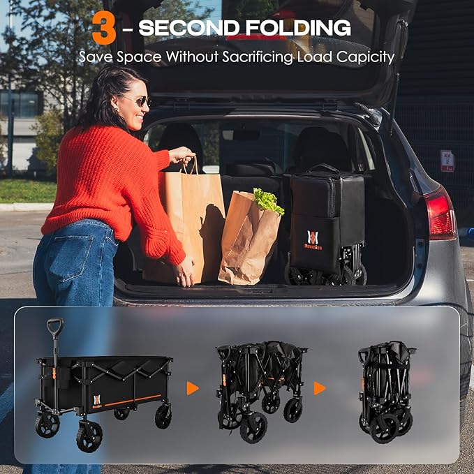 Navatiee 140L Collapsible Folding Wagon, Large Capacity Foldable Wagon with Silent All-Terrain Wheels, Utility Grocery Cart for Camping Shopping Outdoor, Black