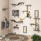 NUNU LAB Cat Wall Shelves, 10-in-1 Wall-Mounted Cat Furniture Set, Large Cat Climber Set with House, Bridge, Steps, Scratcher, DIY Playground, Shelves for Indoor Wall Furniture Set - Grey
