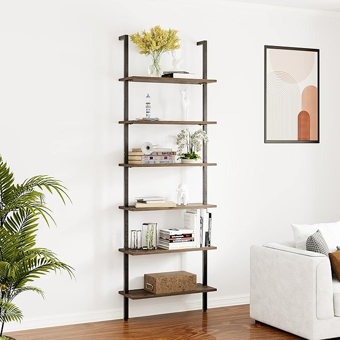Ladder Shelf Black 6 Tiers Modern Bookshelf Room Organizer Open Tall Wall Mount Bookcase Standing Leaning Wall Shelves Industrial Decorative Living Room Bed Room