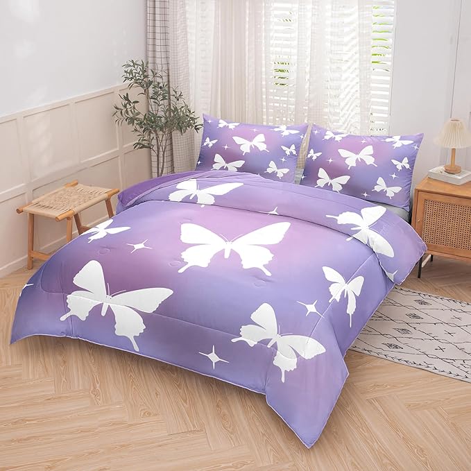 Tailor Shop Butterfly Comforter Sets Twin Size,Purple Butterfly Bedding Sets for Girls Kids Teens with 1 Pillowcase…