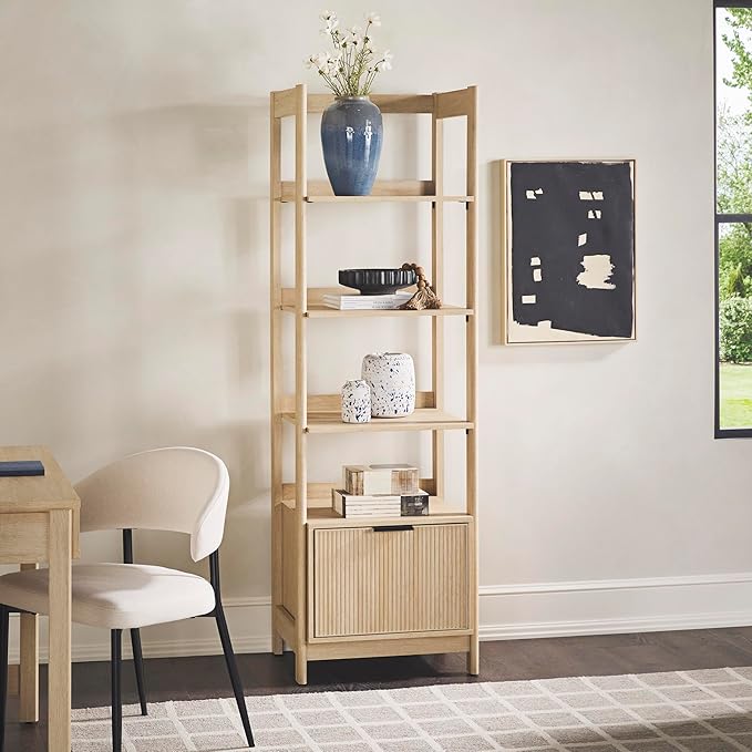 Walker Edison Modern Narrow Open Bookshelf Bottom, 22 Inch, One-Drawer Coastal Oak