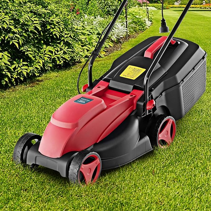Electric Lawn Mower, 13" Corded Lawnmower with 10 Amp Copper Motor, 6.6-Gallon Grass Collection Box & 3-Position Heights, Push Lawn Mower Electric De-Thatcher for Garden & Farmyard (Red)