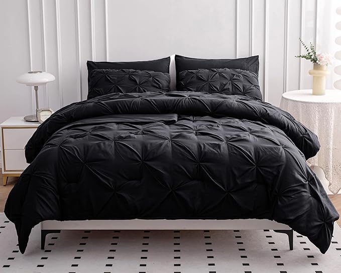 LANE LINEN Bedding Comforter Set for Split King Mattress, Soft 8 Piece Split King Bed in a Bag with 1 King Comforter, 1 King Size Flat Sheet, 2 Twin XL Fitted Sheets, 2 Pillowcases & 2 Shams - Black