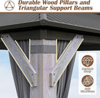 12 x 16FT Wood Gazebo, Wooden Frame Gazebos with Netting and Curtains,Outdoor Hardtop Gazebo with Wood Posts and Galvanized Steel Doule Roof for Lawn, Backyard Deck