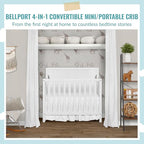 Bellport 4 in 1 Convertible Mini/Portable Crib In White, Non-Toxic Finish, Made of Sustainable New Zealand Pinewood, With 3 Mattress Height Settings