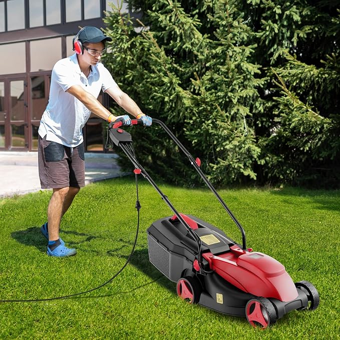 Electric Lawn Mower, 13" Corded Lawnmower with 10 Amp Copper Motor, 6.6-Gallon Grass Collection Box & 3-Position Heights, Push Lawn Mower Electric De-Thatcher for Garden & Farmyard (Red)