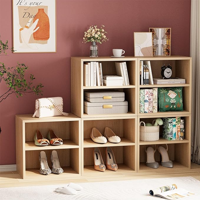 Storage Cube 2 Tires Natural Stackable Storage Shelf, Cubby Organizer Wooden Display Shelf Closet Organizer,Modern Cubical Bookcase Compact Storage Cabinet for Living Room Bedroom Office