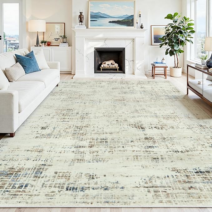 10x14 Washable Area Rug for Living Room Bedroom: Non-Slip Modern Gray White | Machine Washable TPR Backing, Stain-Resistant Low Pile, Pet & Kid Friendly, Abstract Decor for Dining Room, Dorm, Home Office