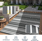 Outdoor Patio Rug 9x12 Stain-Resistant Reversible Camping Mat, Modern Striped Outdoor Plastic Straw Rug, Waterproof Outside Carpet, Easy to Clean for RV, Porch, Deck, Balcony, Grey