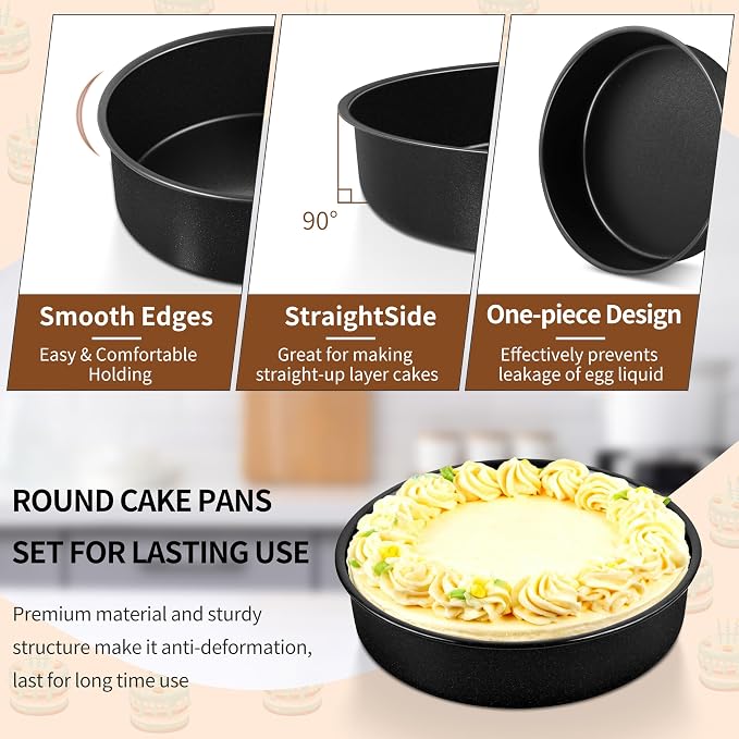 P&P CHEF 7 Inch Cake Pan Set of 3, Non-Stick Round Cake Pans | Round Cake Tins for Tier Smash Cakes, Baking Pans Set & Essential Bakeware, Stainless Steel Core & Leak-Proof