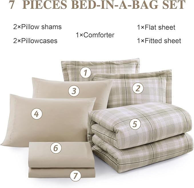 Beige Comforter Full Size, Khaki Green Plaid Full Size Comforter Sets for Boys & Girls,Classic Homestead-style Bedding Sets Full with Full Size Bed Sheets and Comforter Set