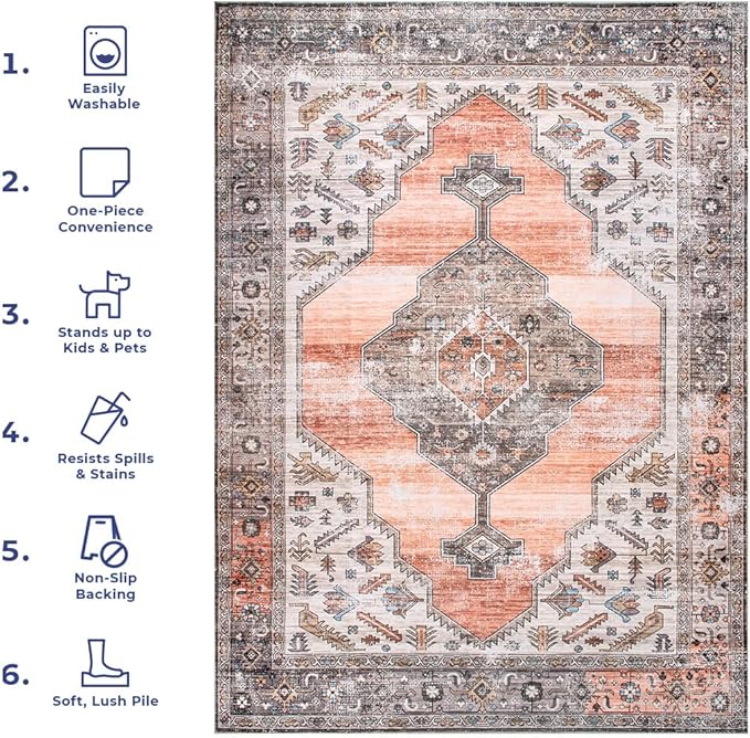 nuLOOM Gracie Distressed Medallion Machine Washable Ultra Thin Area Rug, 6' Square, Peach