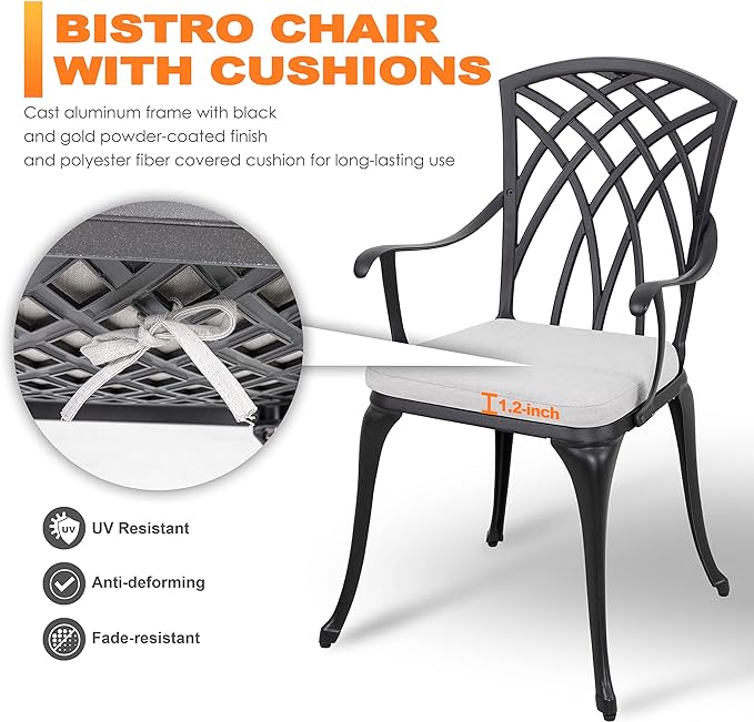NUU GARDEN Bistro Set 3 Piece Outdoor Cast Aluminum Patio Bistro Set Patio Table and Chairs Set of 2 with Umbrella Hole and Gray Cushions, Black