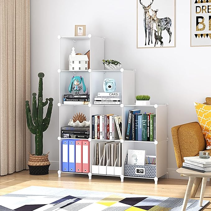 FUNLAX Cube Storage Shelf, 9 Storage Cubes Closet Organizers and Storage Portable Cube Storage Organizer Plastic Bookshelf Bookcase for Study Room, Bedroom, Office, White