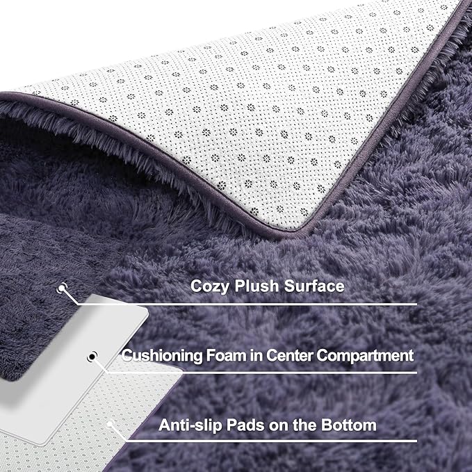 Super Soft Fluffy Shaggy Rugs for Living Room Bedroom, Fuzzy Plush Area Rugs for Girls Kids Room Nursery Home Decor, Furry Dorm Rug Cute Non-Slip Indoor Floor Carpet 5x8 Feet, Grey-Purple