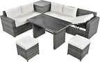 Outdoor Furniture 6-Piece Patio Sofa Set, All Weather PE Rattan Sectional Couch with Tempered Glass Dining Table, Adjustable Seat, Storage Box&Removable Covers, for Garden Backyard, 1, Beige