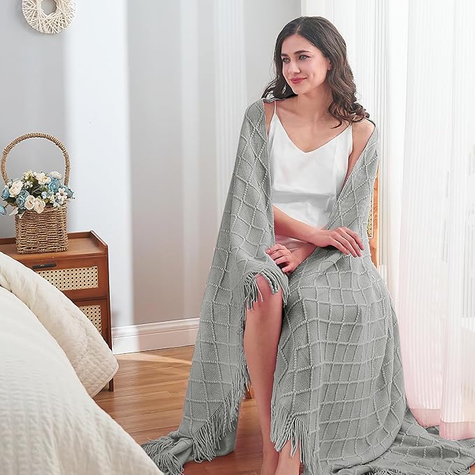 inhand Knitted Throw Blankets for Couch and Bed, Soft Cozy Knit Blanket with Tassel, Light Grey Lightweight Decorative Blankets and Throws, Farmhouse Warm Woven Blanket for Men and Women, 50"x60"