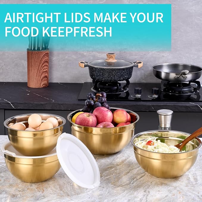 4 Piece Gold Mixing Bowls With Lids for Kitchen, Stainless Steel Set Ideal for Baking, Prepping, Cooking and Serving Food, Nesting Metal Bowls for Space Saving Storage