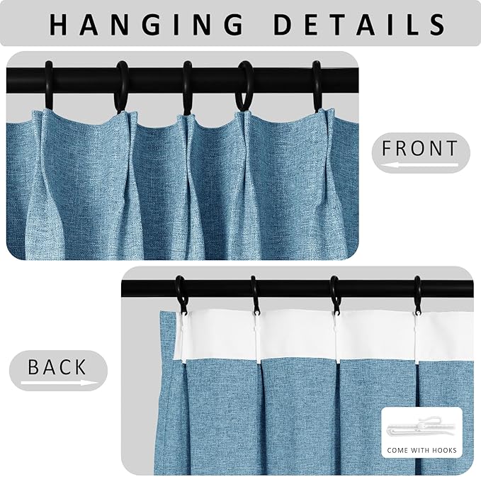 Macochico Pinch Pleated Blackout Linen Curtains 96 Inches Long 100% Light Blocking Burlap Curtains for Bedroom Living Room Thermal Window Panels with Tieback 72”Wx96”L Blue 1 Panel