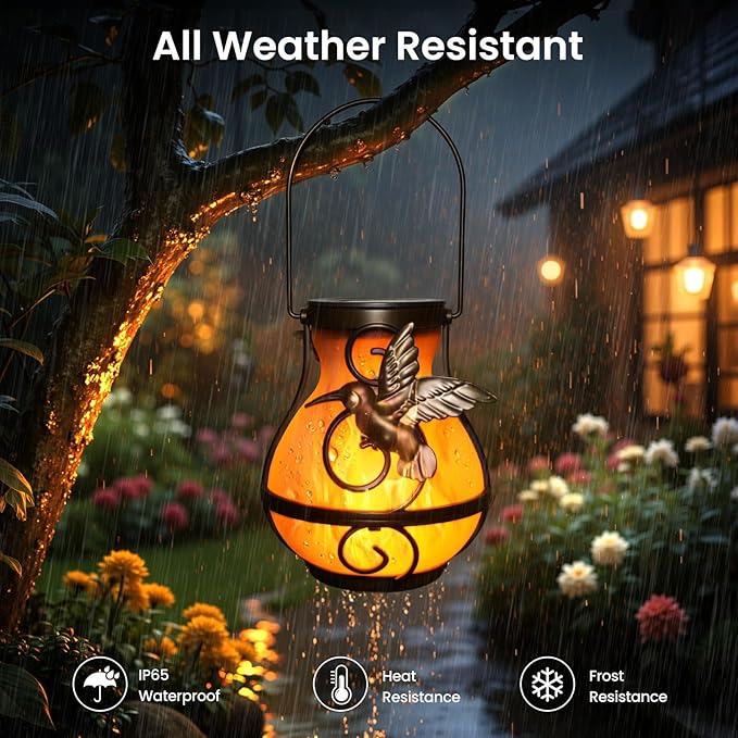 X-PREK 2 Pack Solar Lanterns Outdoor Waterproof Hummingbird Hanging Solar Lantern Flickering Flame Lights Solar Powered Lamps Garden Patio Porch Decoration(Plastics)