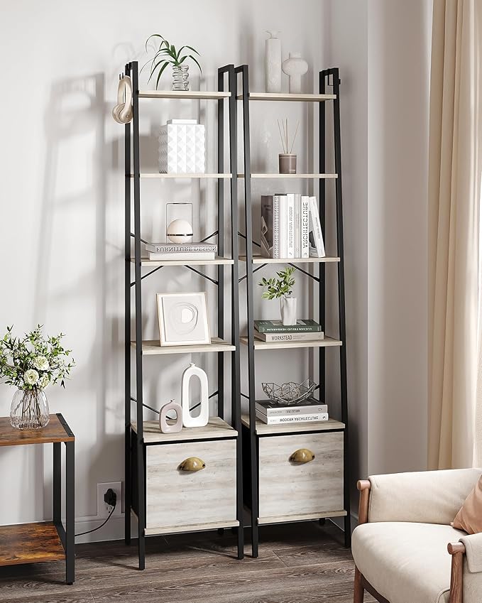 Narrow Bookshelf Bookcase with Drawer, Ladder Shelf with 2 Hooks, Bookshelves Storage Organizer, Freestanding Display Standing for Home Office, Bedroom, 6 Tier Greige BC19605B