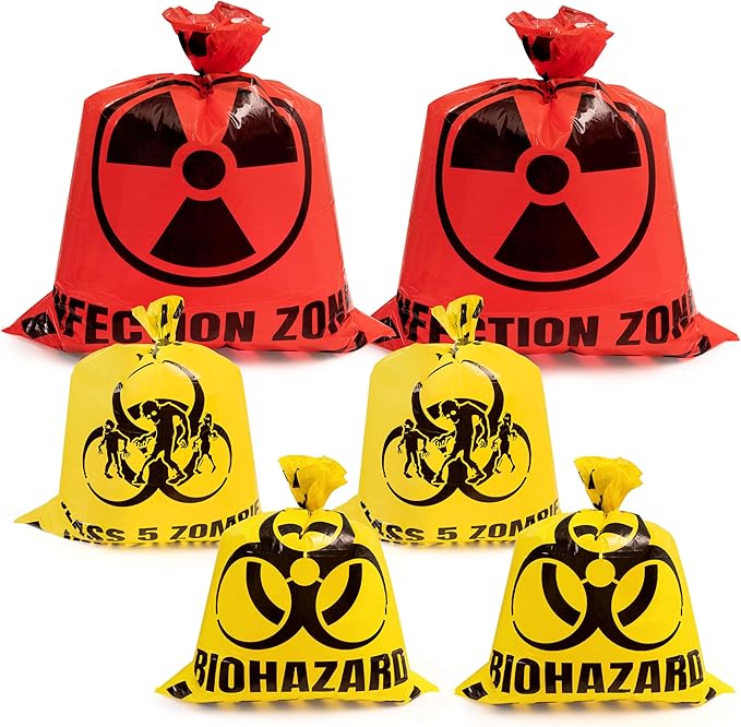 CNhoqc Halloween Lawn Trash Bags - 18Pcs Zombie Warning Reusable Waste Bags with Twist Ties, Fallen Leaf Grass Clipping Trash Container, Heavy-Duty Plastic for Biohazard Parties Outdoor Decorations