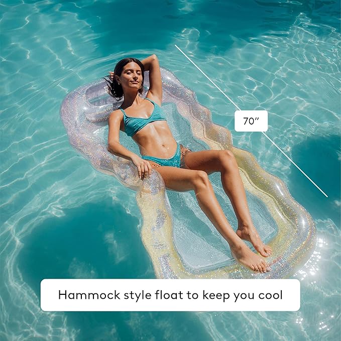 FUNBOY Clear Inflatable Mesh Pool Lounger Mesh Water Hammock with Built-in Pillow 70" Pool Hammock Float for Adults Swimming Pool Accessories & Tanning Pool Lounger Float for Pool Party & Summer