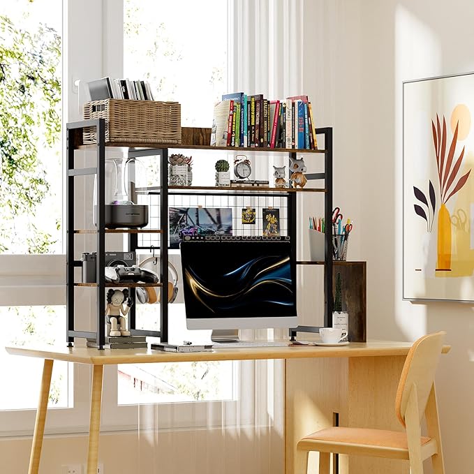 Computer Desktop Bookshelf Countertop Hutch Display Shelf Desktop Hutch Storage Organizer 2-Tier Multipurpose Wood Bookcase for Computer Desk for Home Office Study Room Bedroom