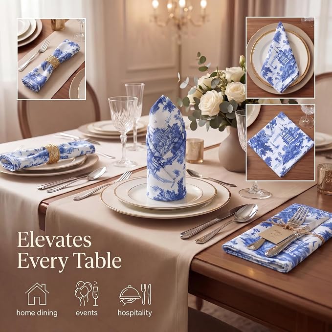 Urban Villa Cloth Napkins Cotton 20x20 (Set of 12) Toile Blue