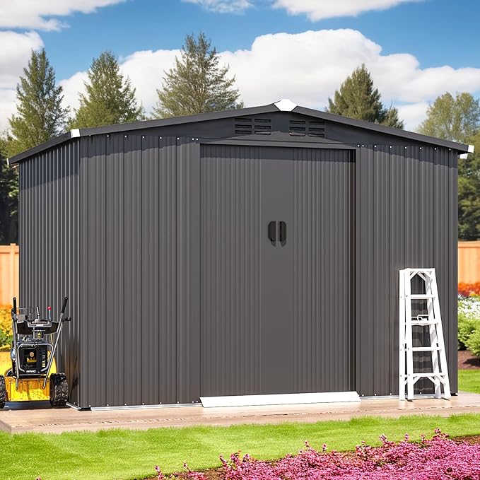 AECOJOY Shed 6' x 8' Outdoor Storage Shed with Sliding Door, Outdoor Storage Tool Shed Storage Cabinet, Metal Garden Shed for Yard, Outdoor Storage Clearance in Dark Grey