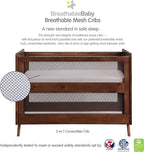 BreathableBaby Breathable Mesh 3-in-1 Convertible Crib (Toddler Bed Kit Sold Separately) — Walnut — Two Adjustable Mattress Heights — Greenguard Gold Certified