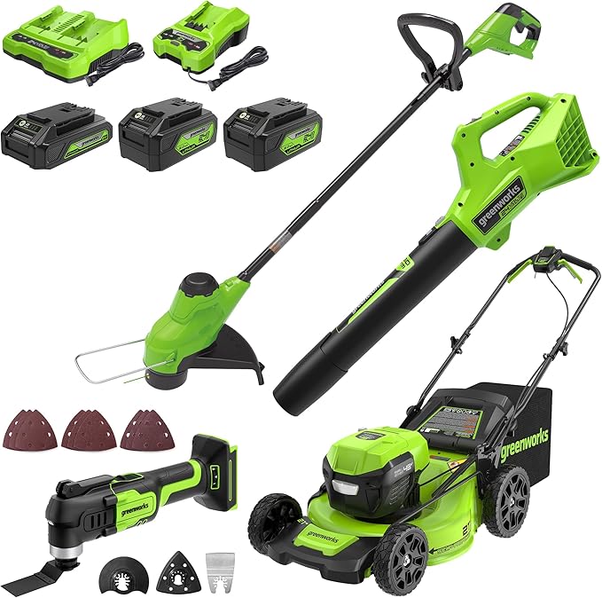 Greenworks 48V (2x24V) Cordless Yard Tool Combo - 21" Self - Propelled Mower, 12" Trimmer, Blower, 24V Multi - Tool + 3 Batteries & 2 Chargers