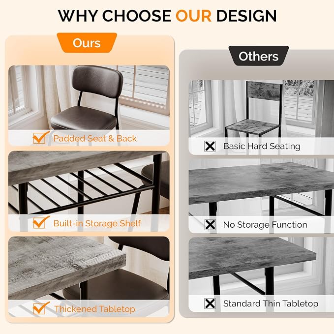 VINGLI Dining Table Set for 2, Small Kitchen Table Set with Upholstered Chairs, 3-Piece Dining Set with Storage Rack, Wood Dining Room Set with Metal Legs for Small Spaces, Living Room, Grey