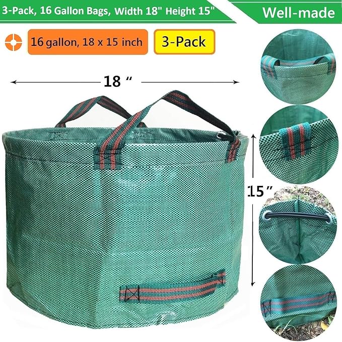 Standard 3-Pack 16 Gallons Home Garden Bags (D18, H15 inches) with Coated Gardening Gloves,Leaf Waste Bags,Patio Bag,Reusable Trash Can,Lawn Yard Waste Bags,Laundry Container with 4 handles