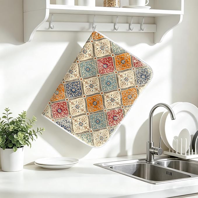 Bohemian Vintage Dish Drying Mat for Kitchen Counter Coffee Bar 18x24 in | Decorative Non Slip Absorbent Kitchen Dishes Drainer Mat, with Anti-slip Rubber Backing & Hanging Loop, for Sink, Home Gift
