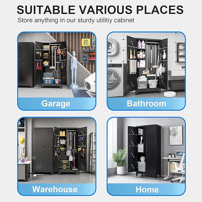 Metal Garage Storage Cabinet, 75” Cleaning Tool Cabinet with Hooks and Hanging Rods, Heavy Duty Garden Tool Organizer, Broom Cabinets for Home, Garage, Laundry Room, Gym, Workshop