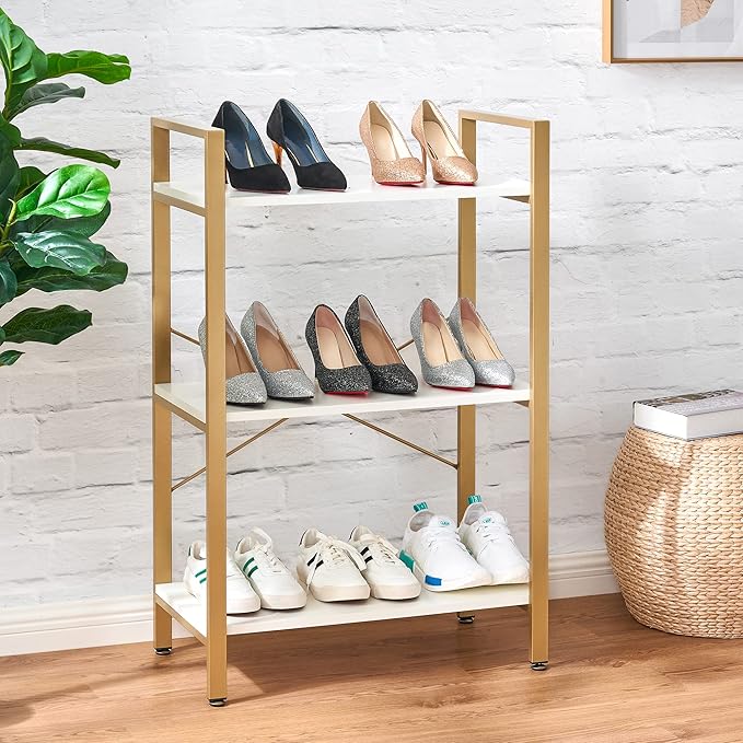 BEWISHOME 3 Tier Bookshelf, Modern Small Book Shelf for Small Spaces, White Gold Wooden Shelves for Bedroom Living Room and Home Office, 13.78" D x 24.12" W x 37.09" H, JCJ42M